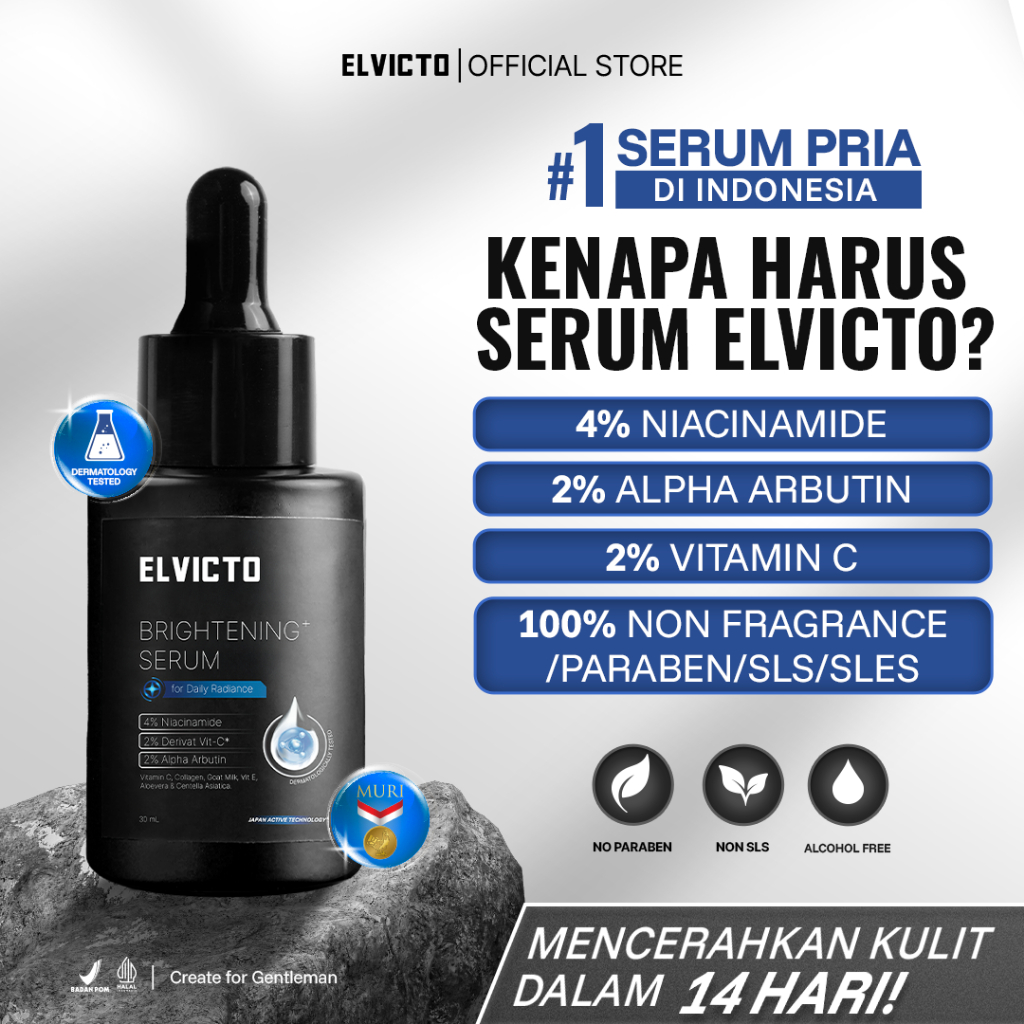 [REAL 4% NIACINAMIDE] ELVICTO BRIGHTENING+ SERUM 30ml & 50ml | Serum Pria Pencerah Wajah Pria Dark S