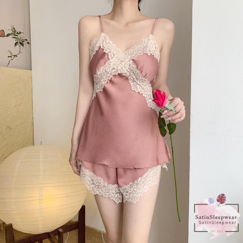 Set piyama renda wanita daster kekinian Bahan satin renda Halus dan nyaman Berbagai warna.