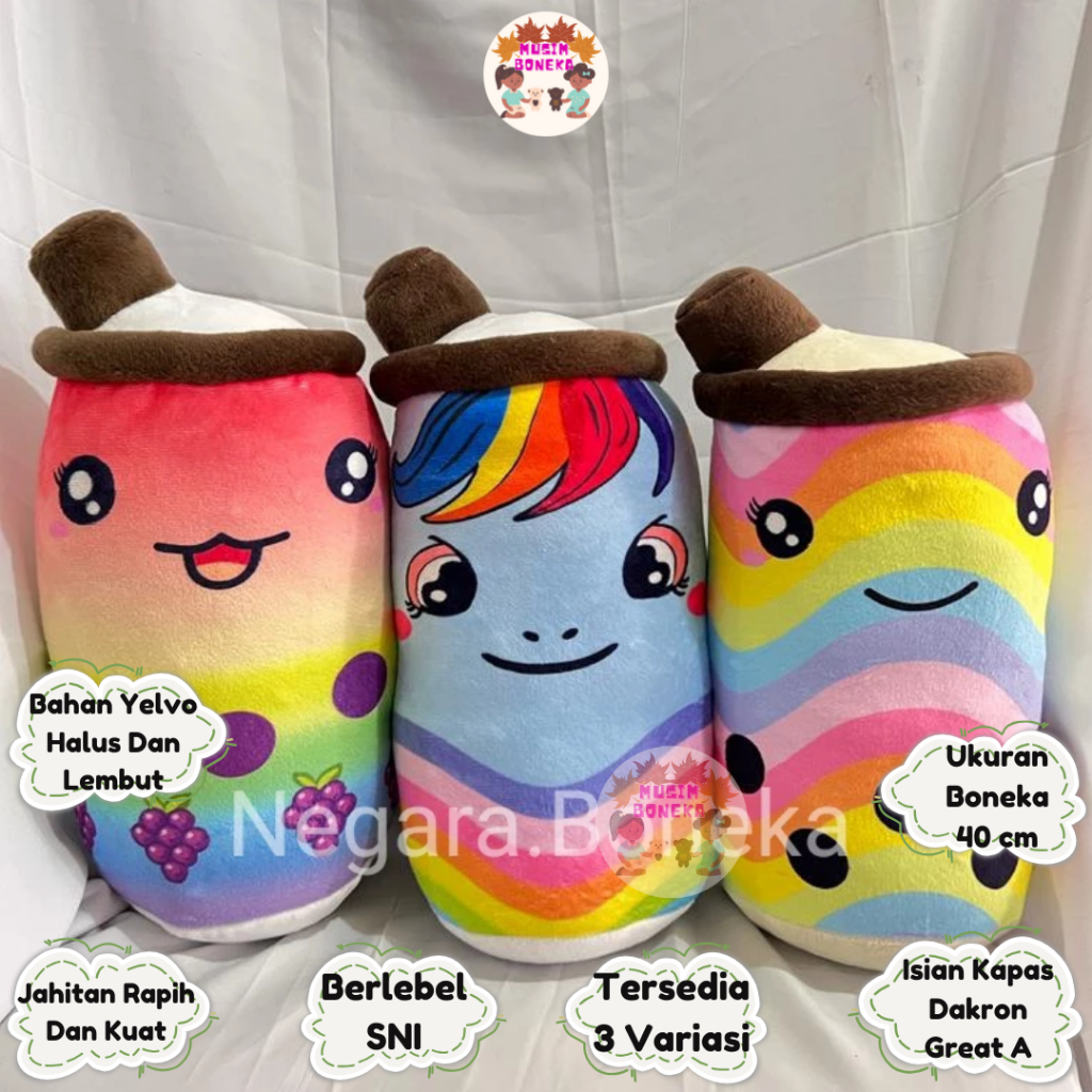 BONEKA BUBBLE TEA BOBA BROWN MILK TEA WARNA RAINBOW 30cm