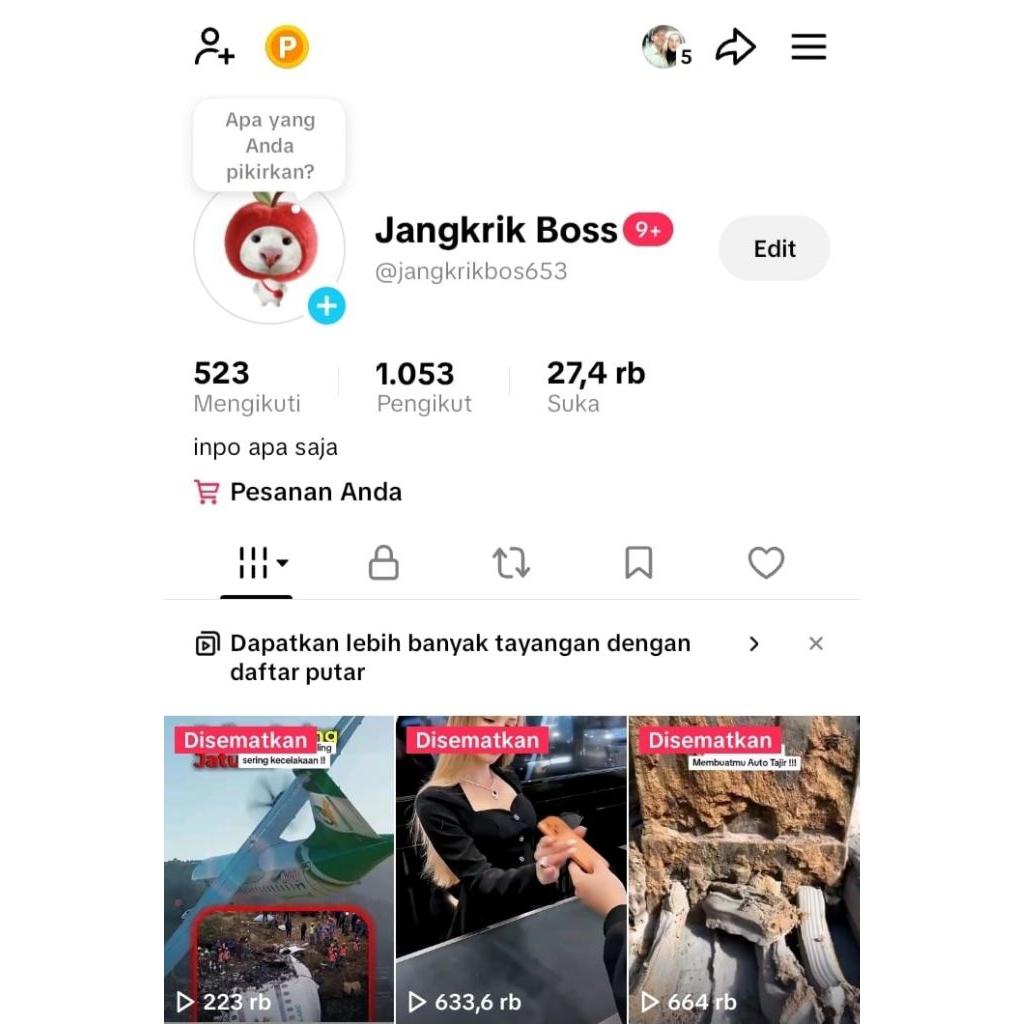 Akun T1kt0k vi3w deras level live 13