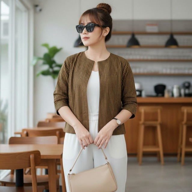 Shanaya Baju Batik Wanita Long Cardigan Lurik Coklat Batik Tradisional Baju Batik Kerja Kuliah Etnic