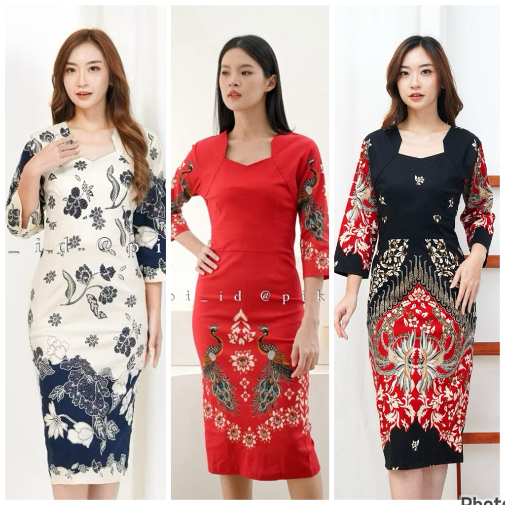Dress span batik wanita modern / dress lurus bodycon batik / midi dress lengan panjang 3582 322