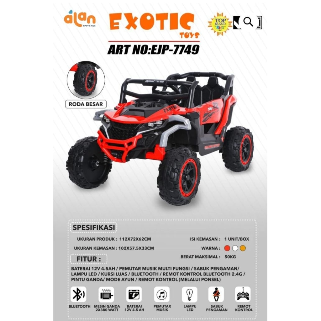 Alan Baby & Kids - Mobil Aki Anak Besar EXOTIC EJP 7749+ Ban Karet Listrik Ces Casan
