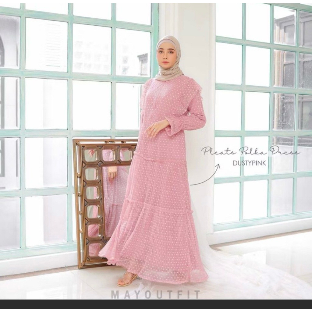 dress wanita plisket polkadot mix tulle pesta formal