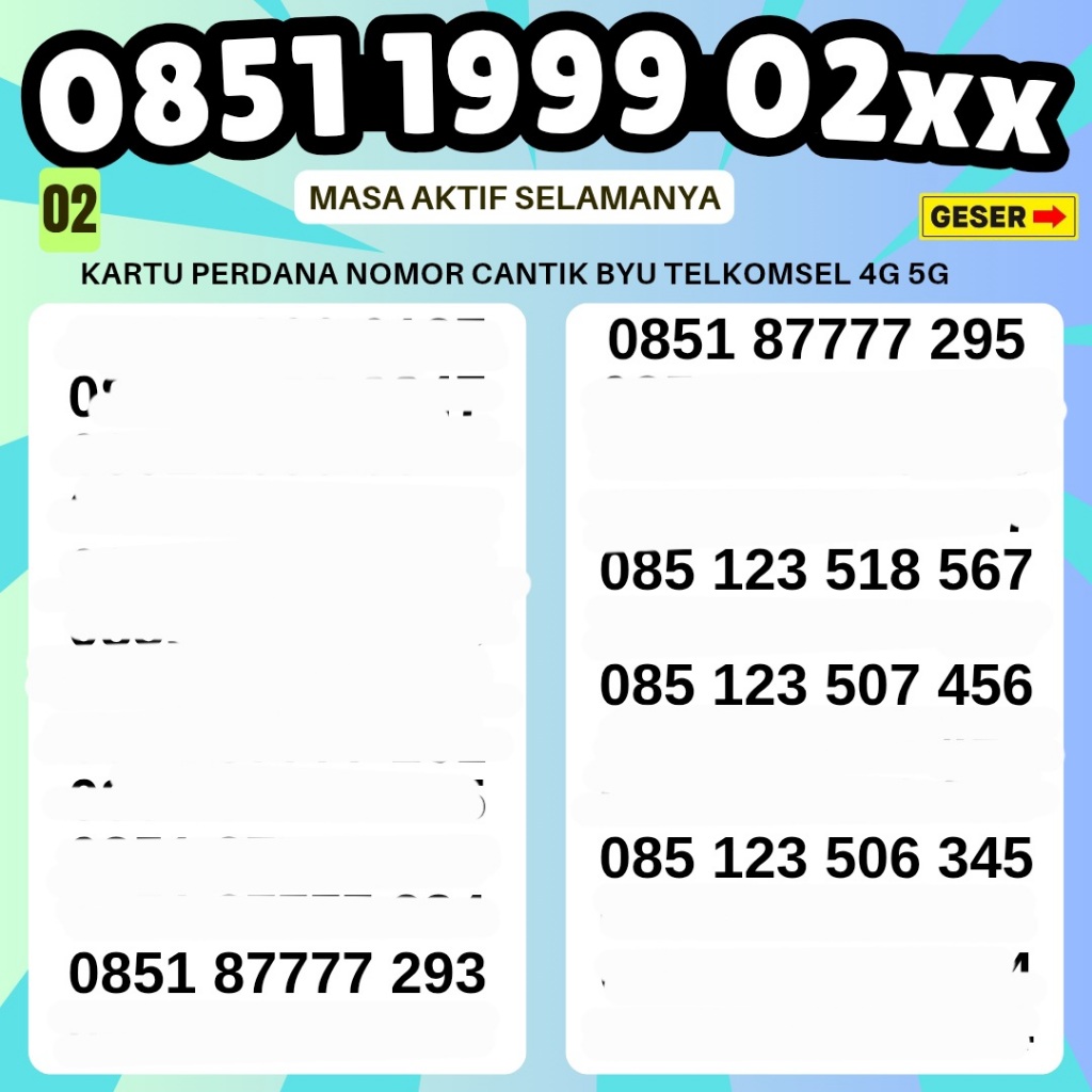 Kartu Perdana Nomor Cantik Telkomsel 4G 5G Nomor Cantik BYU Kuota 3GB 1bulan 24jam Kartu Perdana Int
