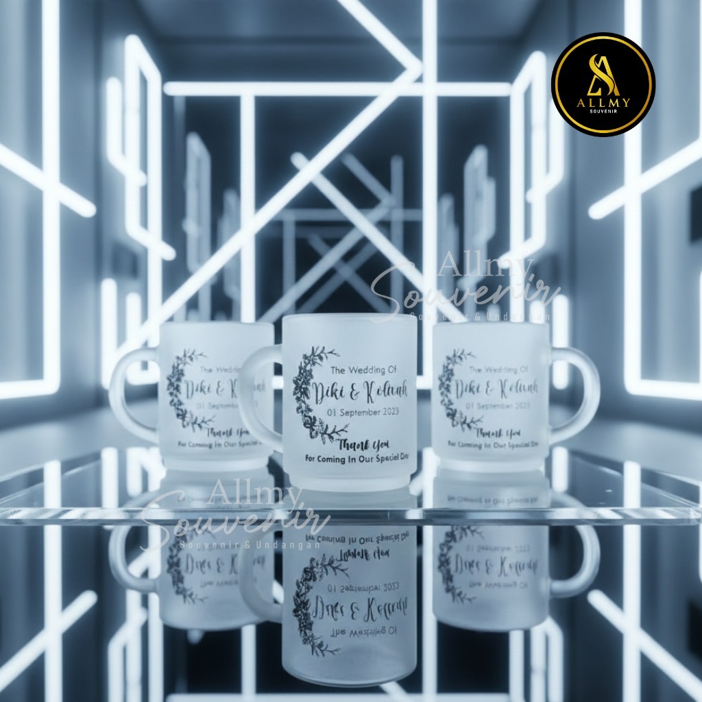 SOUVENIR GELAS CANGKIR DOFF SABLON KEMAS PLASTIK (ISI 50pcs)+ KRAT KAYU