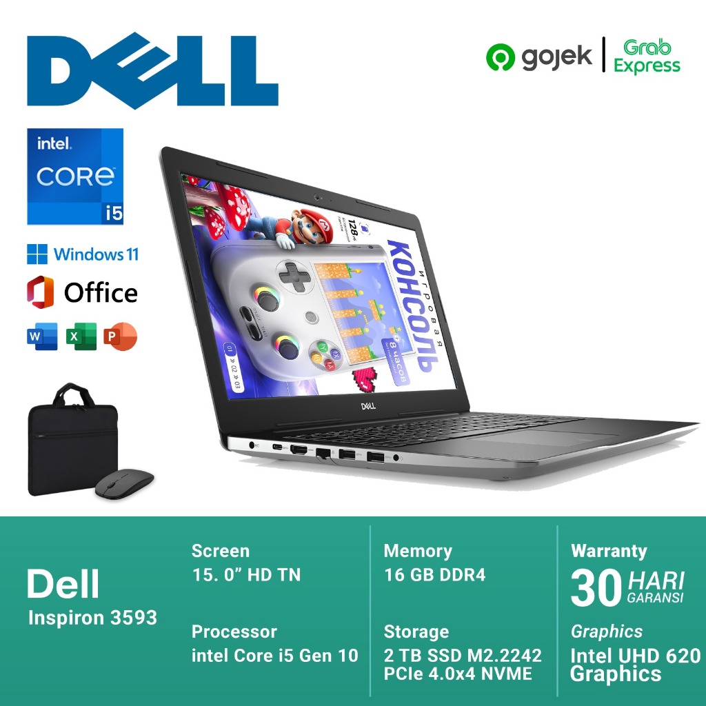 Dell Inspiron 3593 Intel Core i5 Gen 10 RAM 8GB SSD 256GB Bonus Tas & Mouse Wireless - Bergaransi