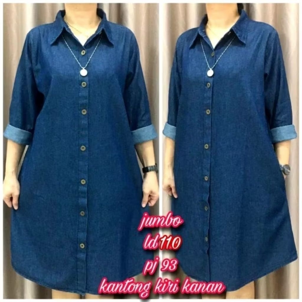 Dress tunik bahan jeans snow denim polos jumbo 3L, kancing hidup, saku samping, lengan panjang
