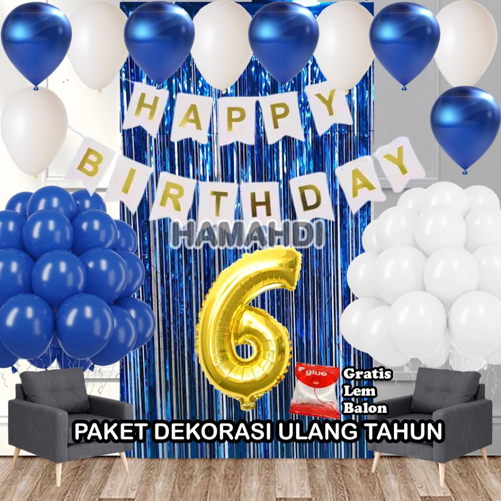 Paket Dekorasi Ulang Tahun Tirai Biru Tua Banner HBD Putih Balon Metalik Biru Tua dan Putih