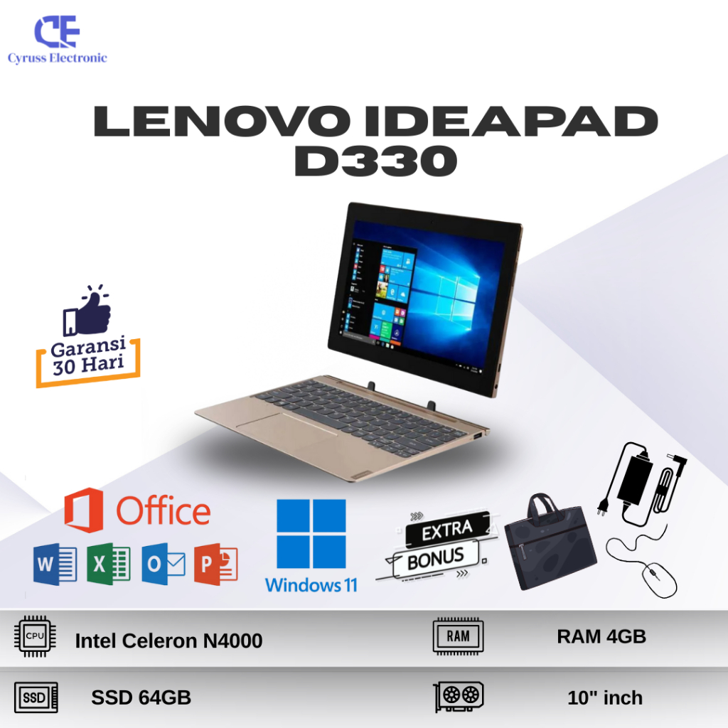 Laptop 2in1 Lenovo Ideapad Intel Celeron N4000 RAM 4GB SSD 64GB Layar 10" SECOND BERGARANSI