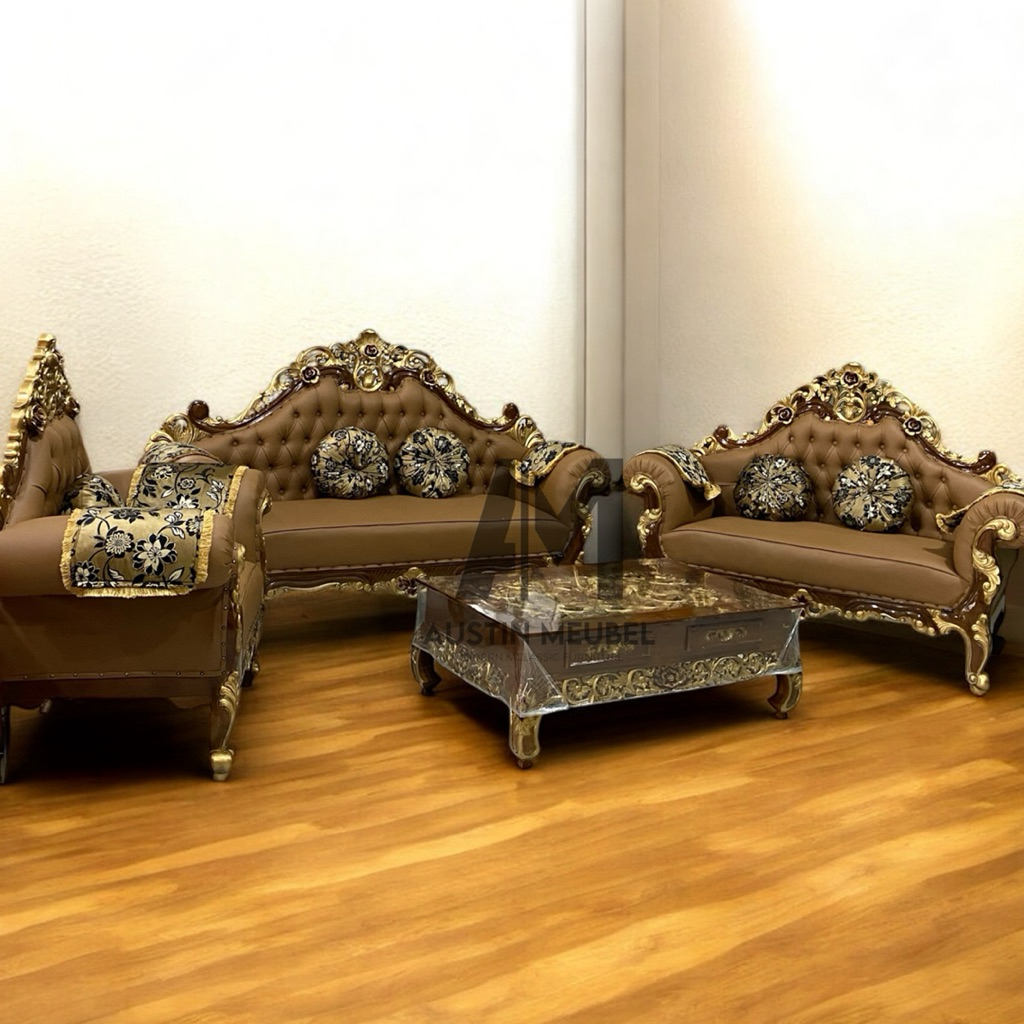 Sofa Set Meja Bahan Jati Elegan dengan Desain Ukiran Mewah dan Kursi 3 Dudukan