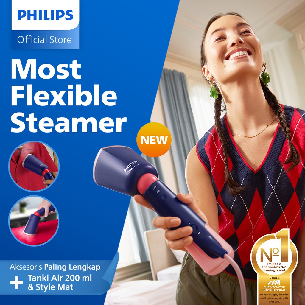 New Philips Handheld Steamer 5000 Series - STH5030/20 Biru - Setrika Uap Listrik Paling Fleksibel - 