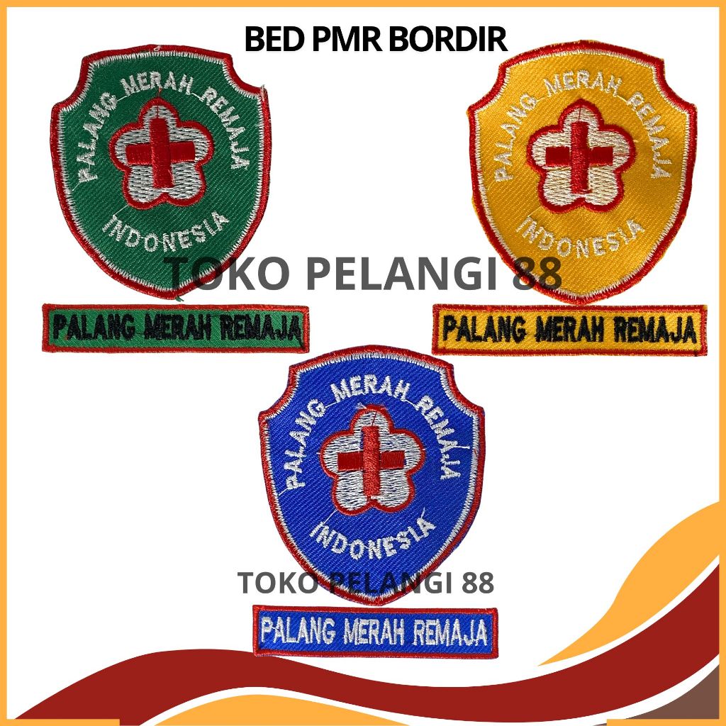 Badge PMR PMI Bordir Tingkat Mula Madya Wira Warna Hijau Biru Kuning Lengkap