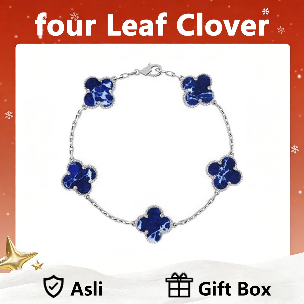 LOVE WHEEL Gelang Wanita four leaf clover Vintage Alhambra 5-Motif Bracelet in White Gold with Blue 