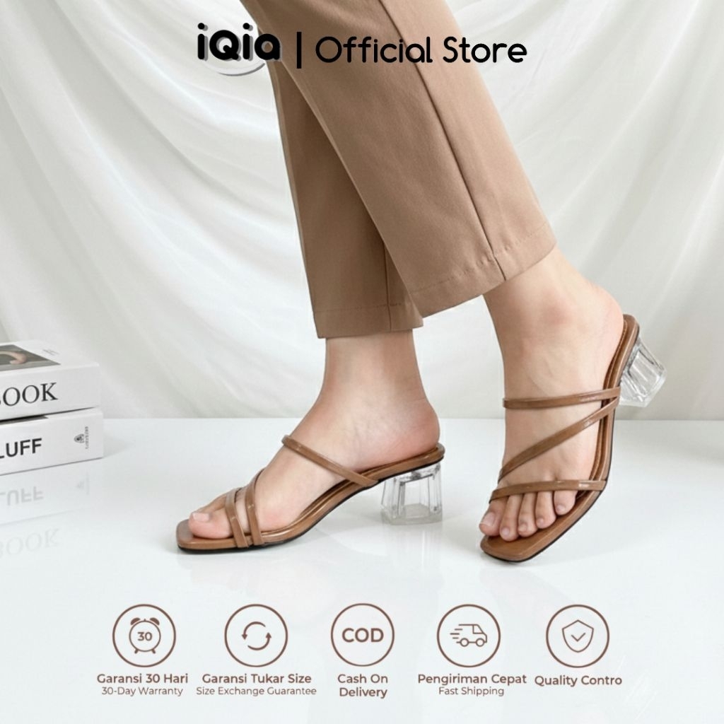 iQia Sandal Heels Selop Wanita Hak Kaca Bening 5cm | Glossy Strap Tali Kekinian & Empuk