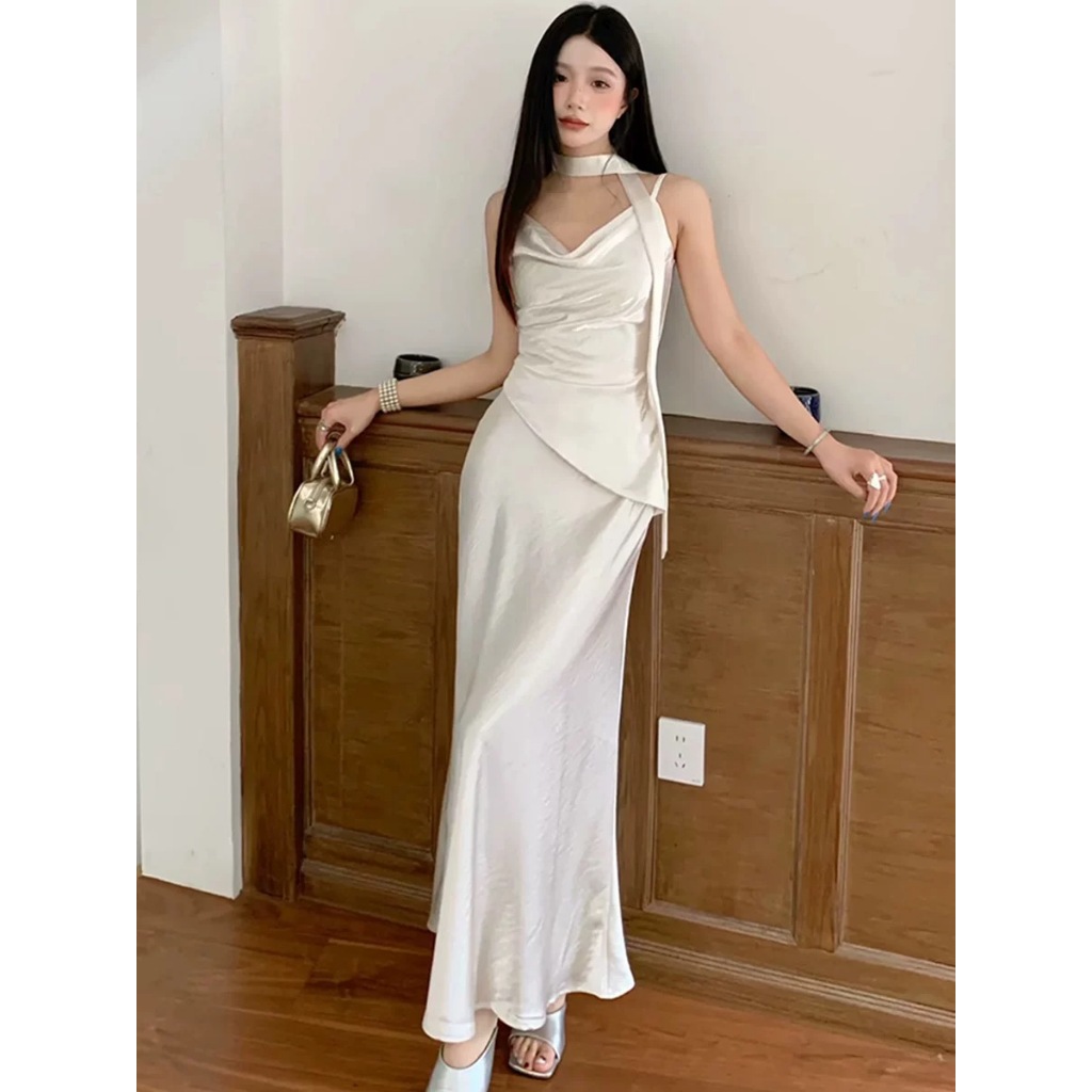 Ressy Satin Dress /Maxi Dress Hitam Wanita Sexy Dress Party