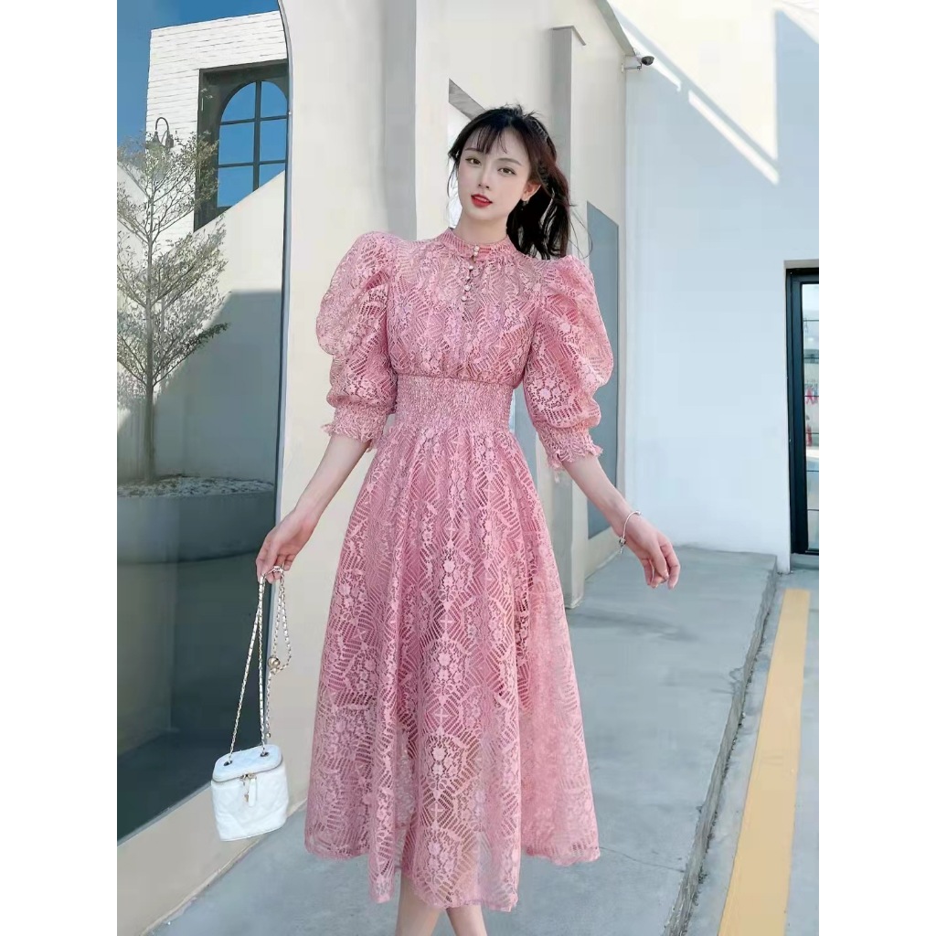 Dress Brokat Elegan Import Premium– Midi Dress Lace Premium Lengan Puff, Gaun Pesta Kondangan Modern