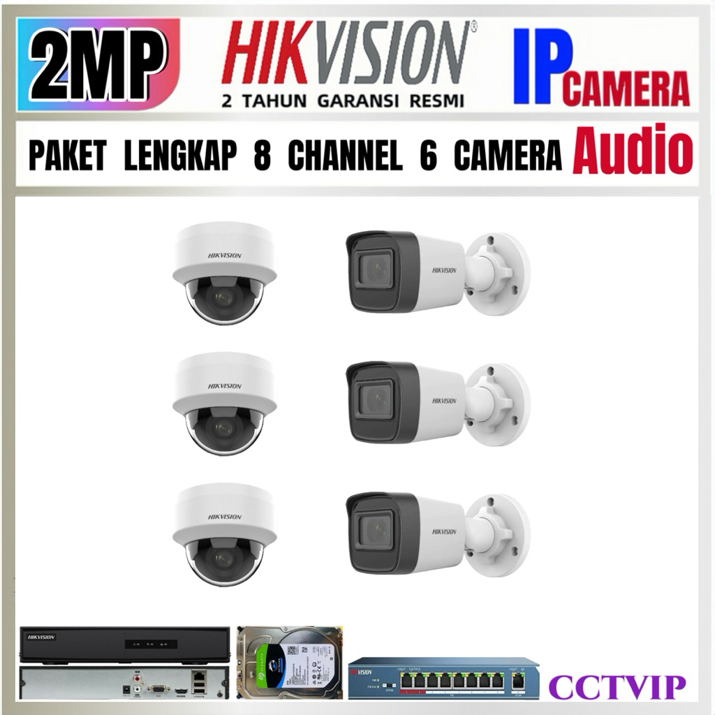 PAKET CCTV IP CAMERA HIKVISION 2MP AUDIO  8 CHANNEL  6 CAMERA  IP  POE