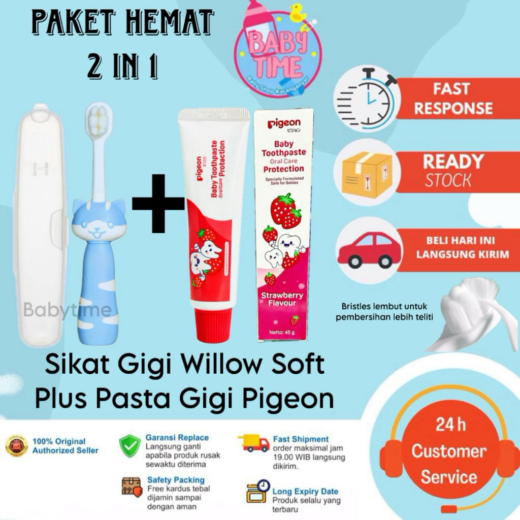 Paket Sikat Pasta Gigi Pigeon Bayi dan Sikat Gigi Willow Soft Bulu Lembut 2in1
