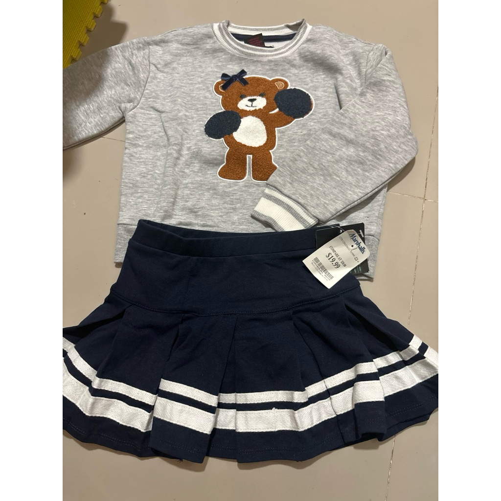 Cynthia Rowley set sweater beruang rok pendek abu navy anak 3-4 5-6 tahun