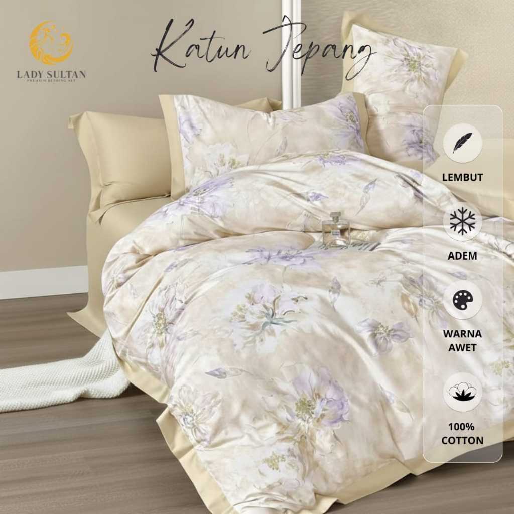 Lady Sultan BedCover Set Motif Floral 100% Katun Jepang Premium Lembut Adem Warna Awet Bahan Asli Ku