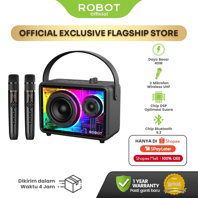 ROBOT Speaker Karaoke Outdoor RGB 40W RGB Bluetooth 5.3 With 2 Microphone Wireless UHF Speaker Super