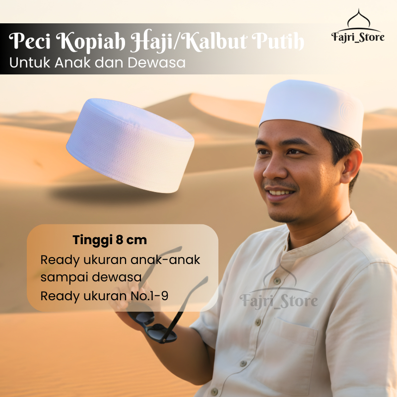 Kopiah Haji / Peci Batok / Peci Putih / Peci Kalbut Putih Tinggi 8 cm
