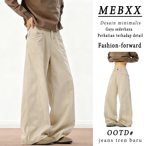 COD-Celana jeans lurus bergaya retro Amerika warna aprikot-netral Tinggi Denim Modis Desain Minimali