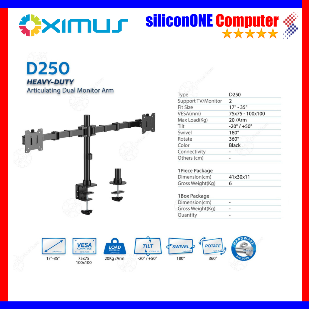Oximus D250 Heavy-Duty Bracket Dual Monitor Bracket Monitor Bracket LED 17" - 35"