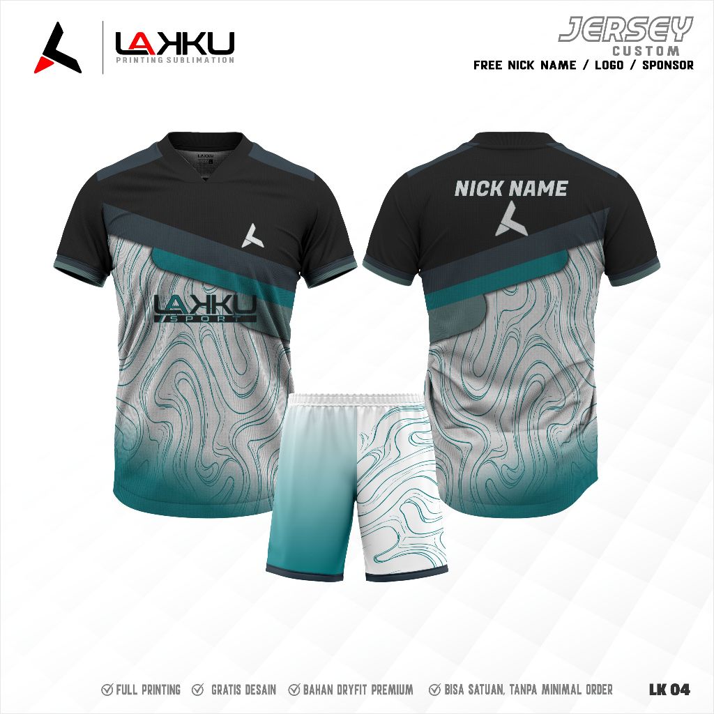 Lakku Jersey Badminton Full Printing Abu-Hitam Tosca Keren/ Bebas Custom Desain/ Free Nama