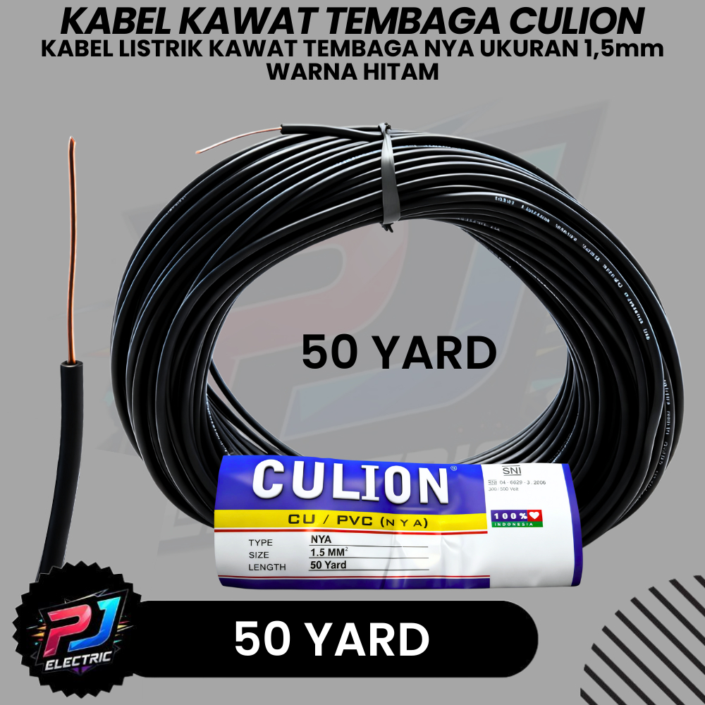 Kabel Kawat Tembaga Culion Hitam 1.5mm CU / PVC (NYA) 1 Roll 50 Yard SNI Culion Kabel Kawat Tembaga.