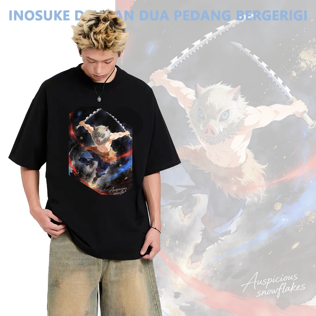 Kaos Hitam Oversize Cetak Inosuke dengan Dua Pedang Bergerigi Unisex Gaya Anime Berdarah Nyaman Sant