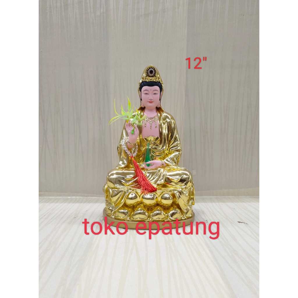 patung dewi kwan im / kwan in  - duduk teratai - emas - fiber - 12 inch - vas - l25