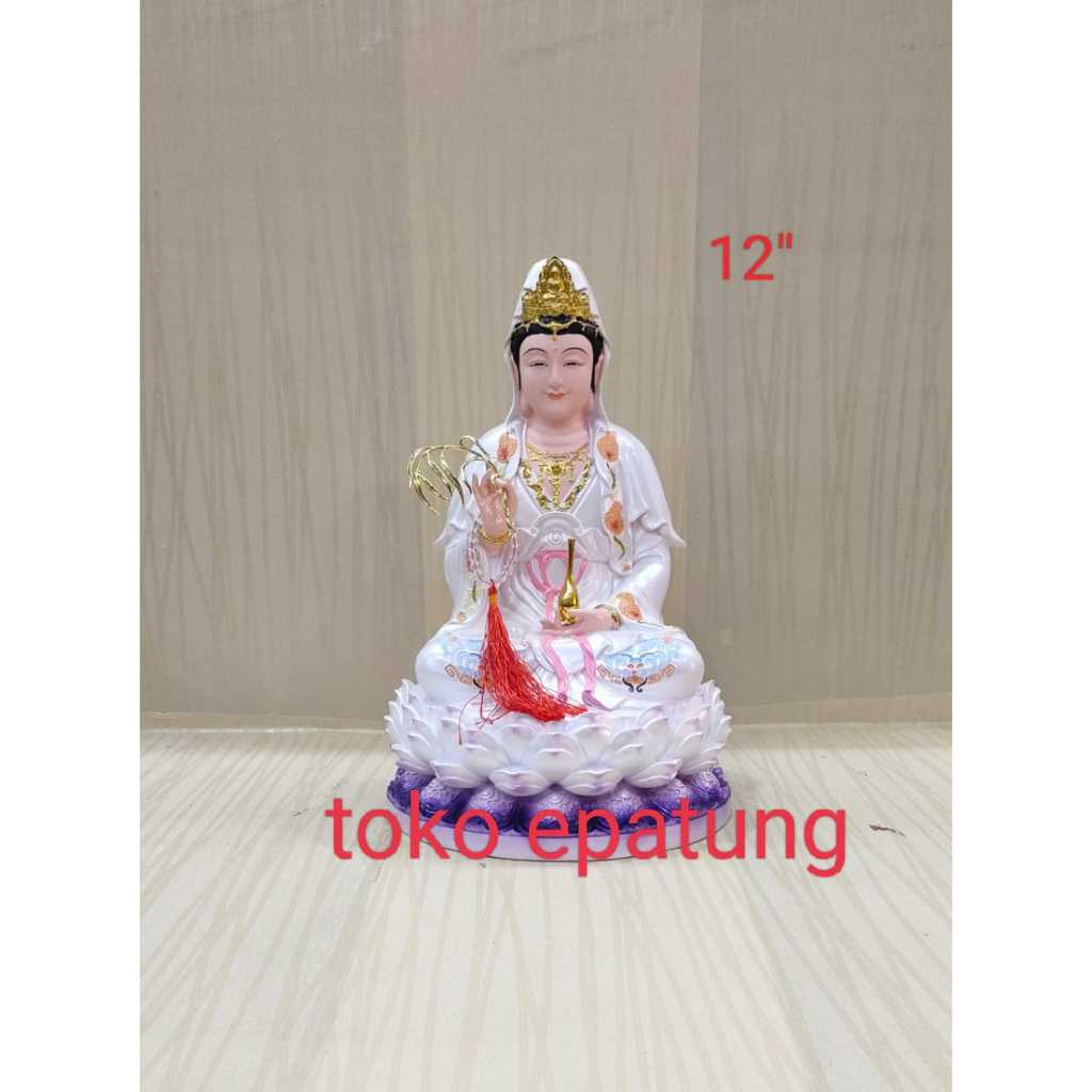 patung dewi kwan im / kwan in  - duduk teratai -Putih Ungu - fiber - 12 inch - g25