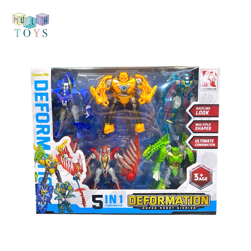 Mainan Robot Warrior 5In1 Dinosaurus Robot Warrior Set Isi 5 Pcs Bisa Berubah Dan Digabungkan Deform