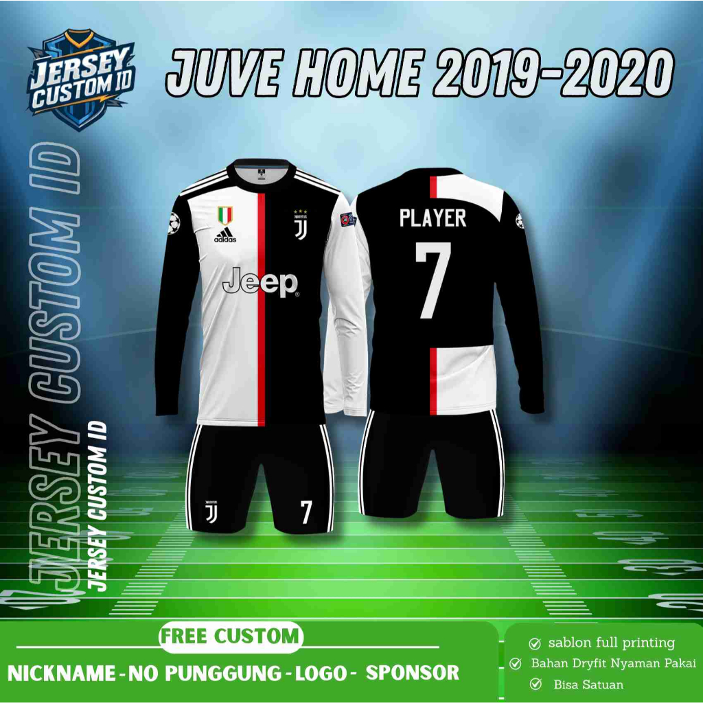 Jersey Sepak Bola Hitam Putih Lengan Panjang/Free Custom Nama dan Nomor