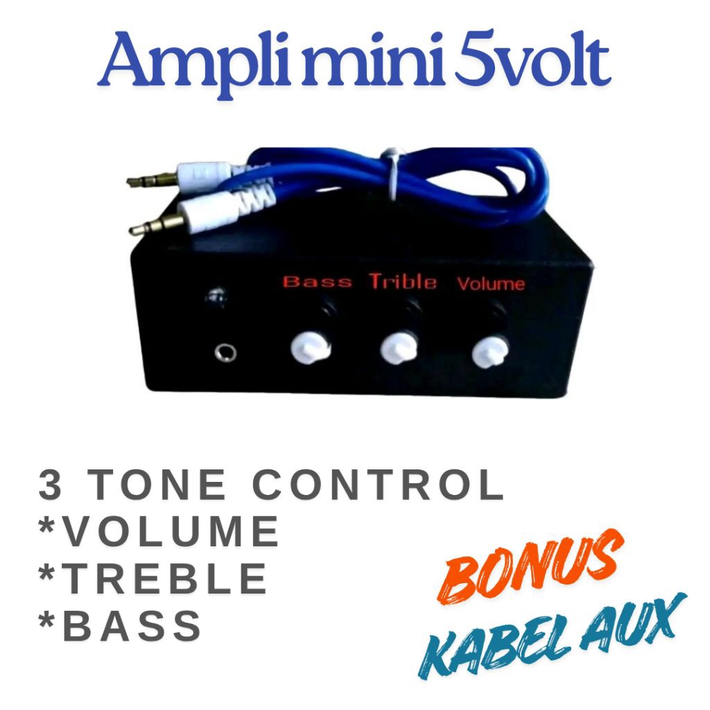 Ampli mini 5v tone control volume bass treble bonus kabel aux