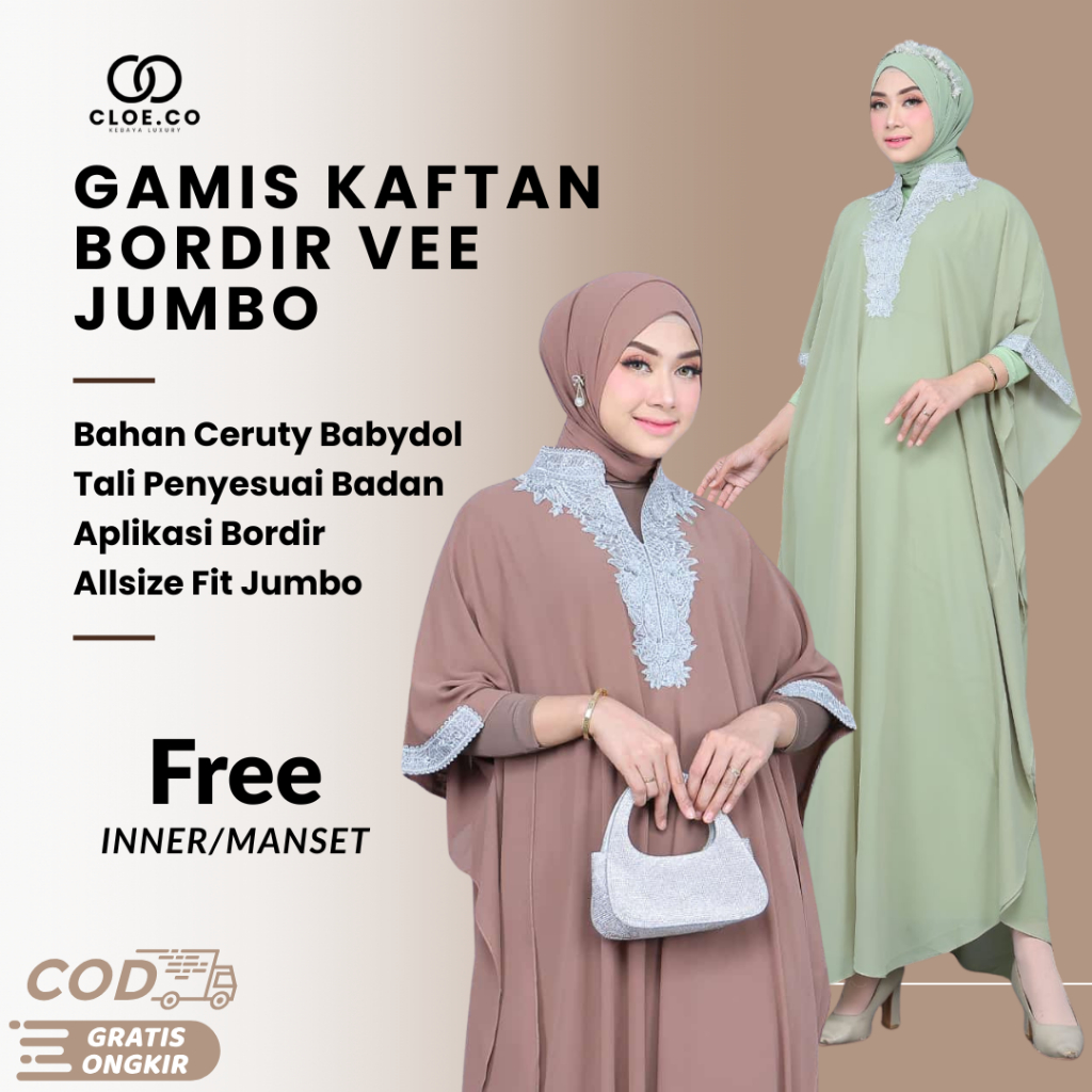 Kaftan Ceruty Bordir Vee + Inner Gamis - Gamis Lebaran Terbaru - Abaya Wanita - Kaftan jumbo LD 130