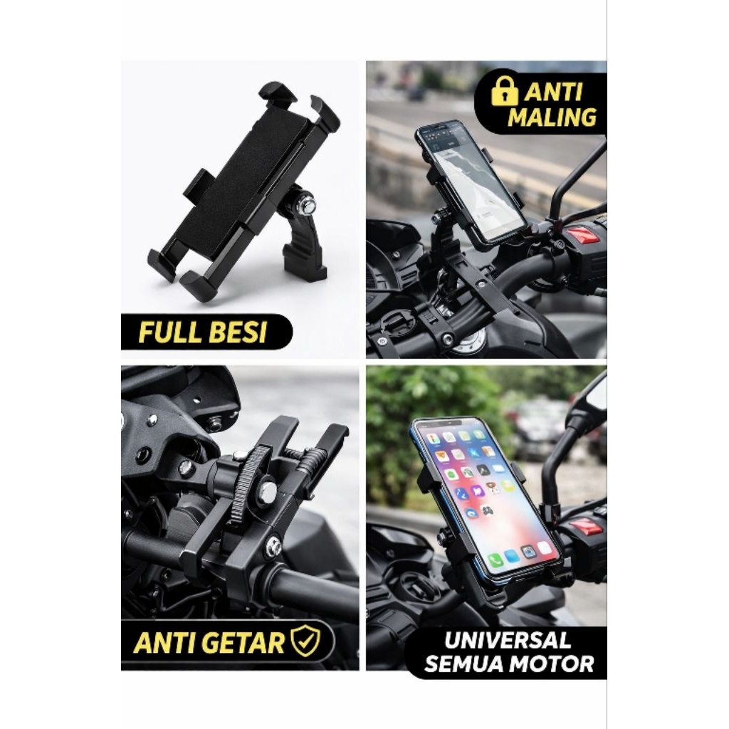 Holder HP Motor Full Besi Anti Maling Anti Getar – Universal Semua Motor