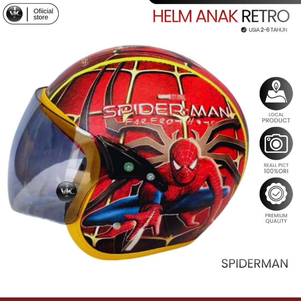 HELM MOTOR ANAK RETRO FULL FACE USIA 2-6 TAHUN FULL KULIT MOTIF SPIDERMAN MERAH