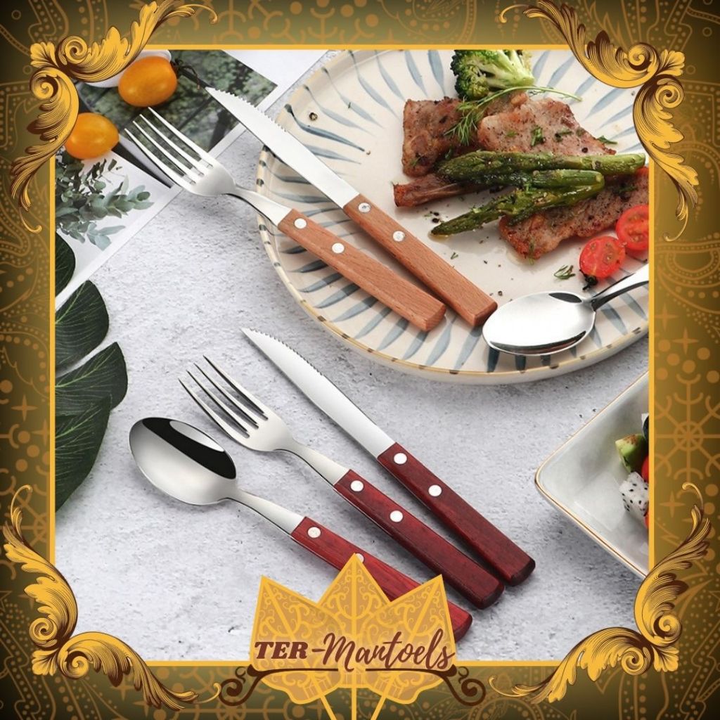 Set Sendok Pisau Garpu Steak / Sendok Pisau Garpu Gagang Kayu / Set Sendok Garpu