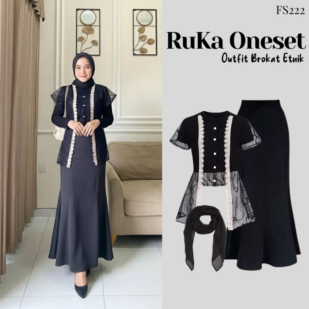 Ruka Oneset (Rok Duyung, Outer Brokat, Hijab) Outfit Kebaya Modern Etnik Hitam untuk Lebaran/Raya |F