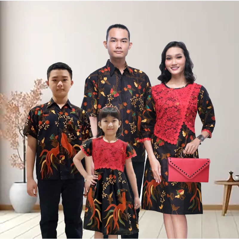 Baju Batik Couple Keluarga Jovita Merah Hitam - Seragam Batik Pria Wanita Anak Modern