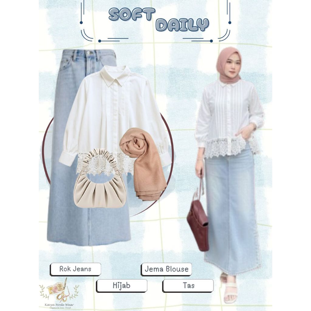 OOTD Wanita Kekinian Remaja Hijab | Jema Blouse + Rok Jeans + Hijab + Shoulder Bag | Outfit Cewek 1 