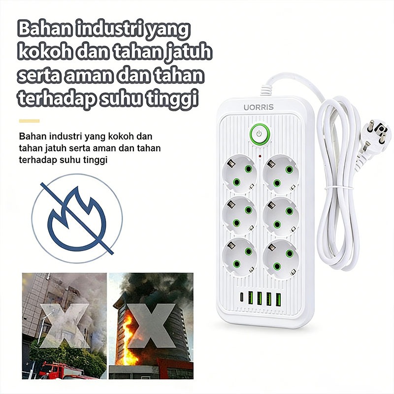 UORRIS 2500W Power Strip Power Socket USB - 2 Meter