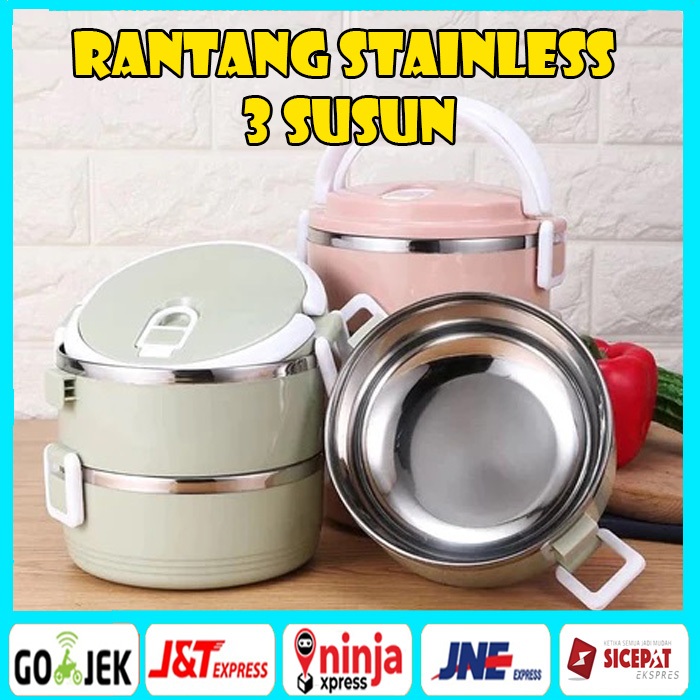 BBS RANTANG STAINLESS MAKANAN 3 TINGKAT / RANTANG 3 SUSUN / Tempat Bekal 3 Susun Stainless Tahan Pan