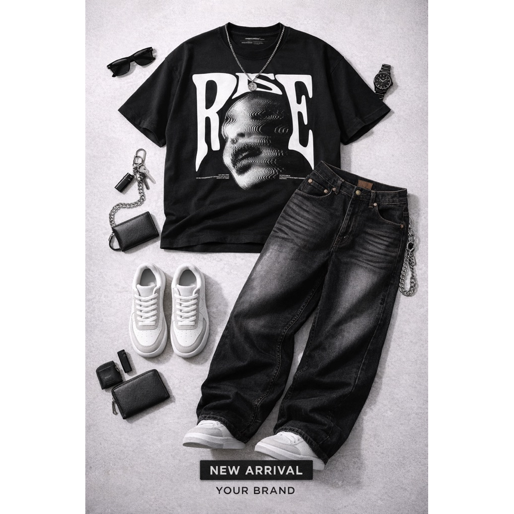 Setelan kaos RISE dan celana jeans pria wisker gombrong hitam polos- desain modis