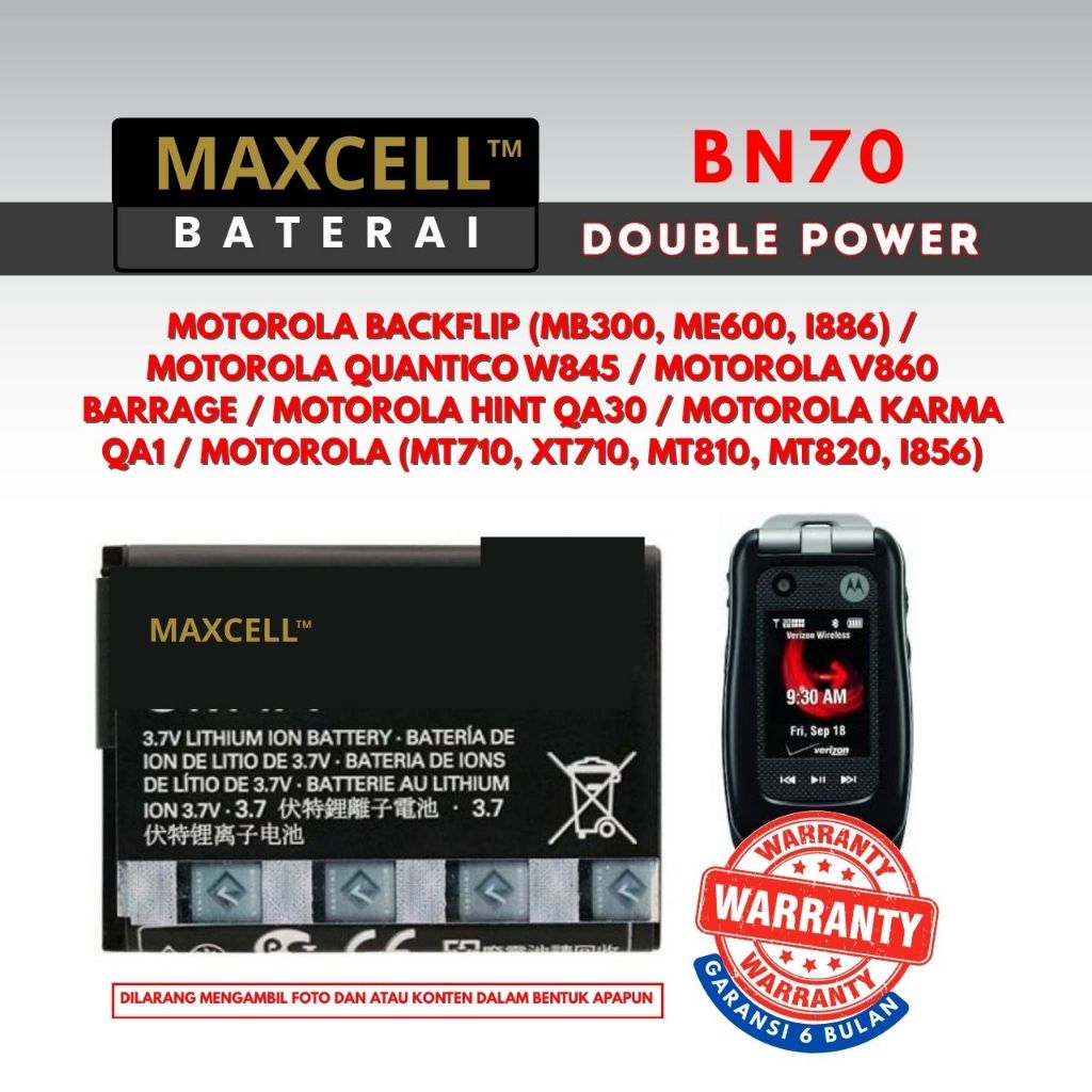 Baterai Maxcell BN70 Compatible Motorola Backflip (MB300, ME600, i886) / Motorola Quantico W845 / Mo