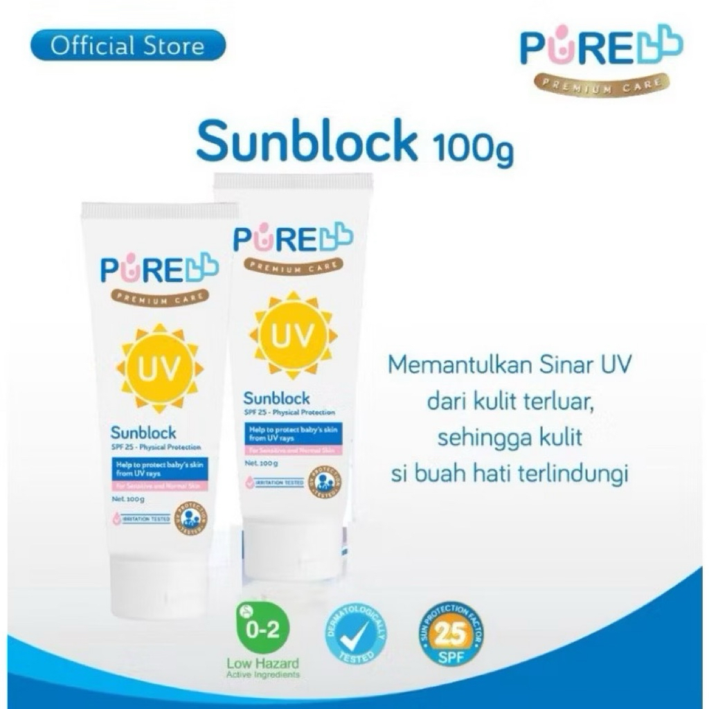 Pure BB Baby Kids SunBlock SPF25 100gram / Sun Block Sunscreen Bayi dan Anak SPF25 / Pure Kids Sunsc