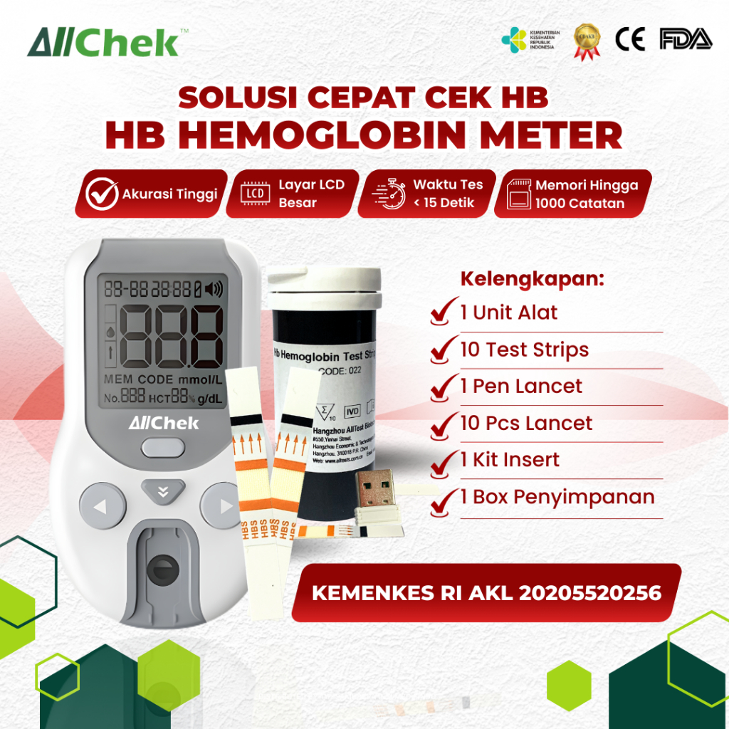 ALLCHEK Hemoglobin HB Test Meter OHBS-411 – Alat Tes Hemoglobin Digital Akurat
